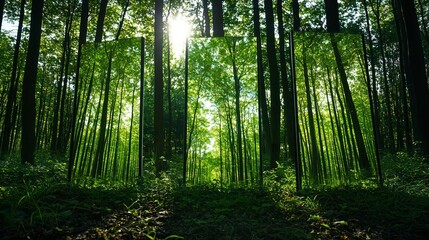 Naklejka premium Bright sunshine illuminates a green forest scene, reflecting in strategically placed mirrors among the trees.