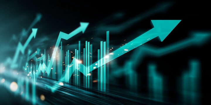 Abstract image of teal upward trending arrows and bar graphs on dark background, symbolizing growth, progress, and success in business or finance