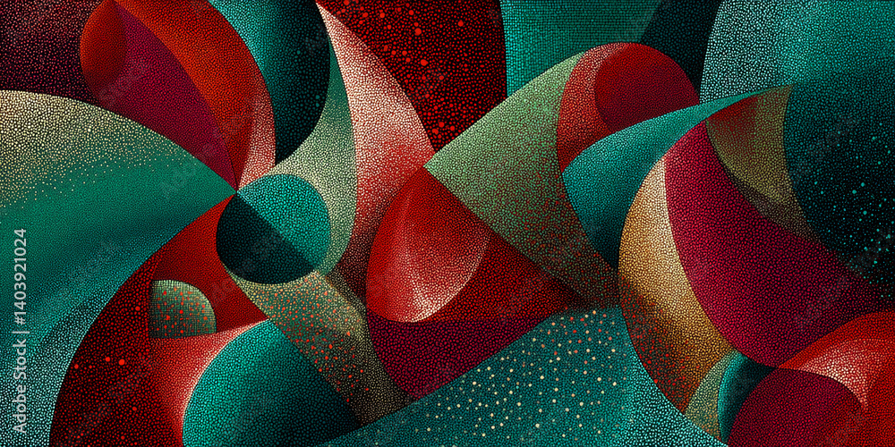 Poster Abstract artwork featuring red, teal, and beige pointillist curves, creating a dynamic, swirling composition suggestive of movement and energy