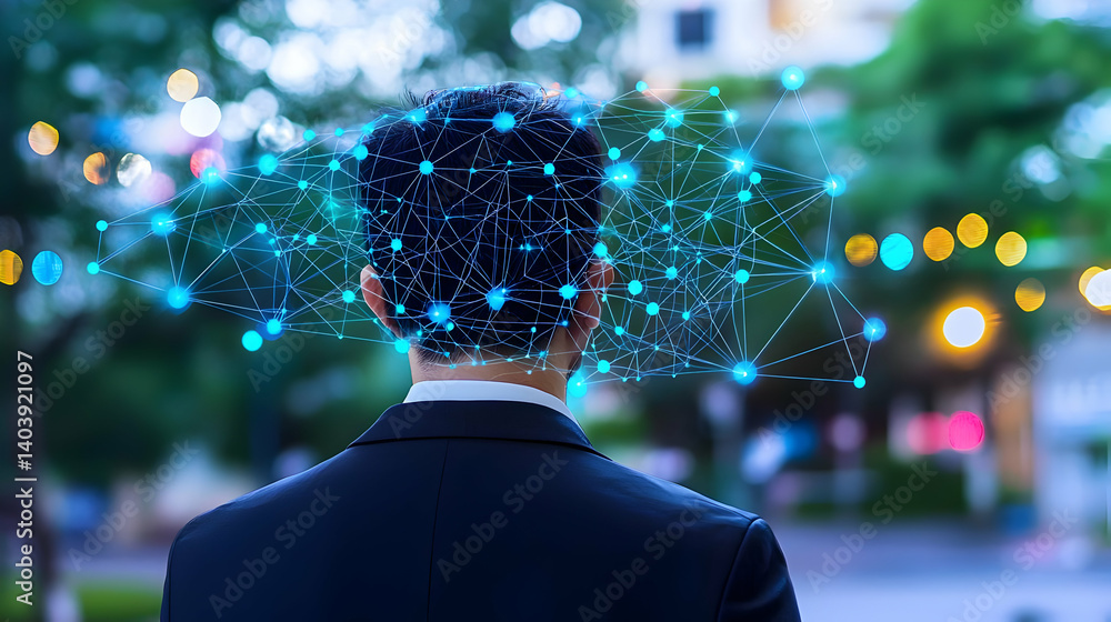 Poster back view of a businessman with digital network overlay in an urban environment