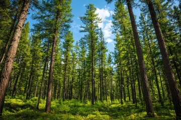 Obraz premium Lush coniferous forest with tall trees reaching towards a bright sky