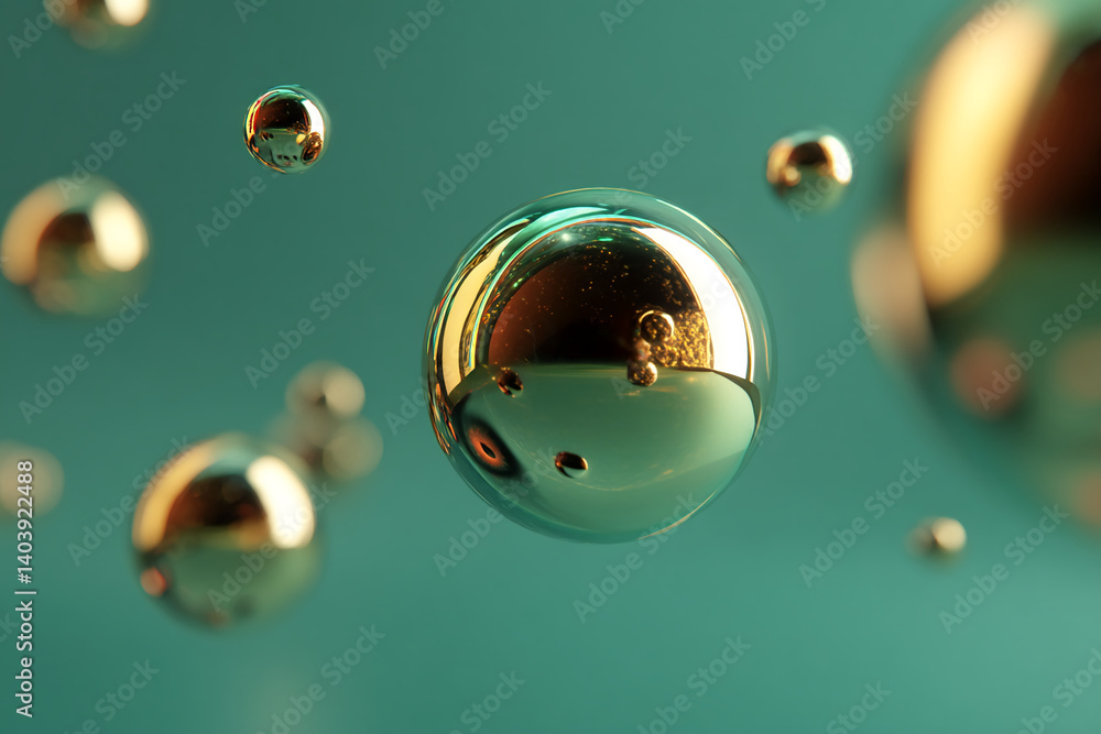 Poster golden spheres float against a teal backdrop, creating a visually striking and abstract scene, showc