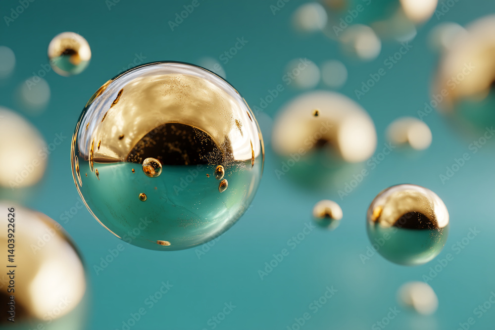 Poster golden spheres float against a teal background, creating a luxurious and abstract image, showcasing 