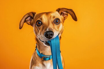 Playful dog with leash in mouth