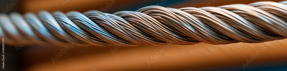 Poster close-up of a tightly wound, metal cable. the interlaced strands create a visually intricate pattern