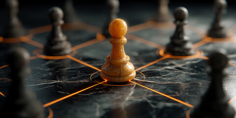 Amber chess pawn on dark marble board, surrounded by dark pawns, illuminated lines highlight strategic position, representing leadership, strategy, and game planning