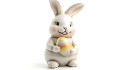 Easter Bunny With Eggs Basket Flowers Fluffy Cute on Background
