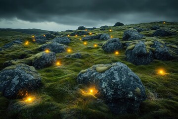 Fototapeta premium Illuminated stones on a moss-covered hill at twilight