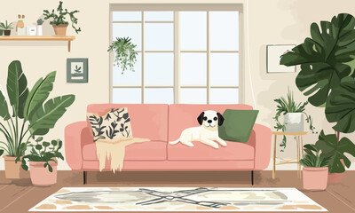 Dog is laying on a pink couch in a living room. There are several potted plants in the room, including one on the left side of the couch and another on the right side