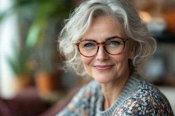 Head shot portrait of happy older European woman wearing eye glasses, looking at camera with toothy smile, posing at home, Generative AI