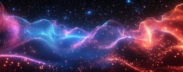 Synthwave wireframe net illustration. Set of digital backgrounds. 80s, 90s Retro futurism, Retro wave cyber grid sunset. VHS style. Deep space surfaces. Neon lights glowing. Starry, Generative AI