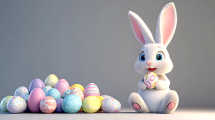 Fototapeta premium Easter Bunny Cute with Eggs Basket on white Background Flowers