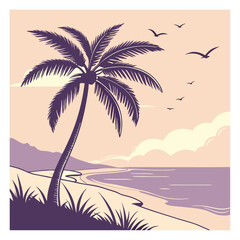 Silhouette of a tall palm tree on a sandy beach