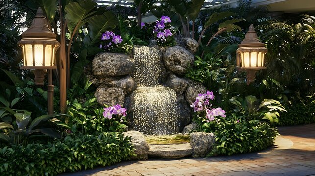 Tranquil indoor waterfall garden, lush plants, evening lighting, relaxation