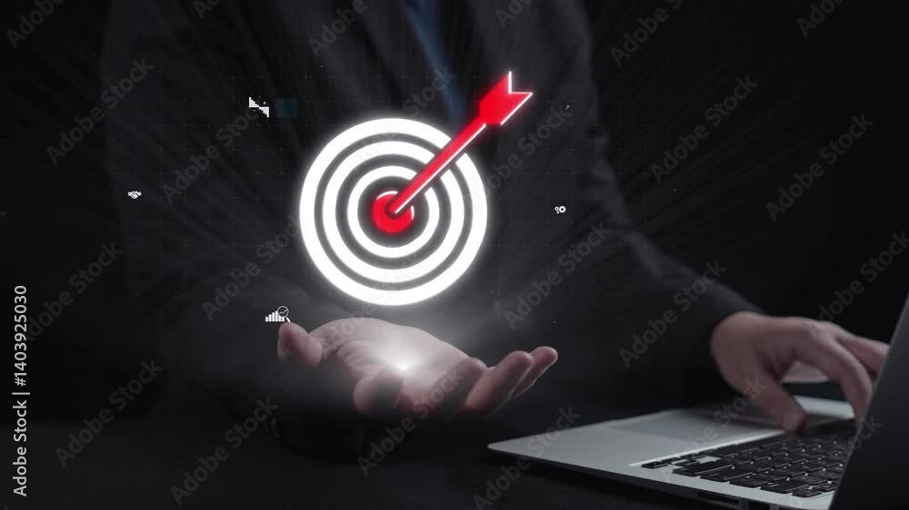 Poster businessman reaching towards digital target on virtual interface with graphs, icons, and symbols rep