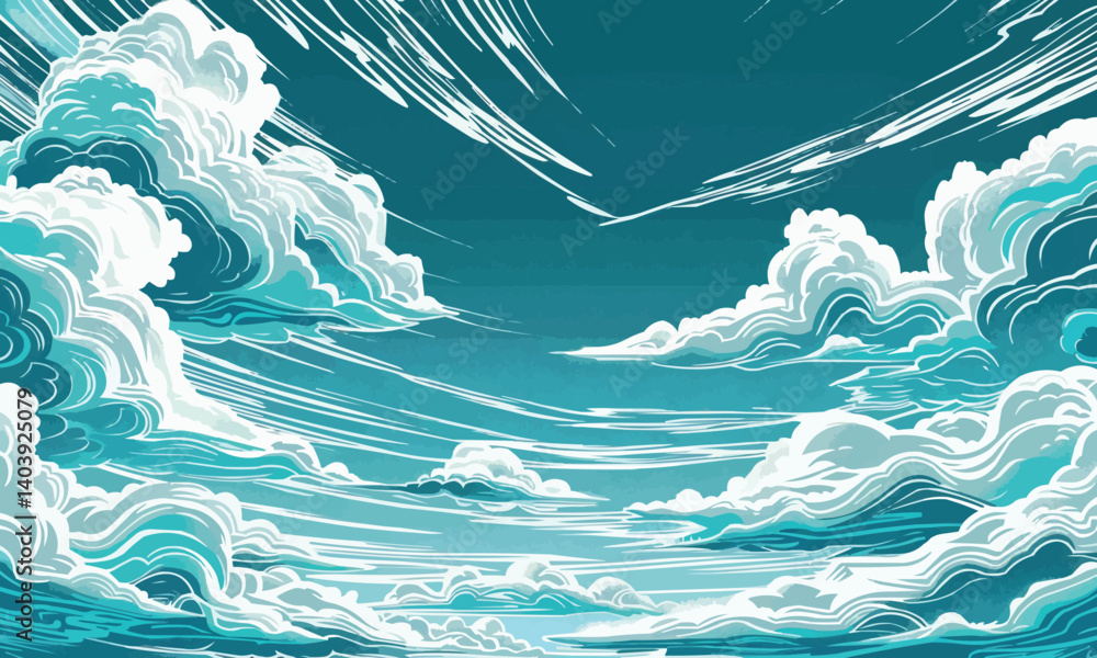 Poster blue sky with white clouds. the clouds are wavy and the sky is dark. there are no people or objects 