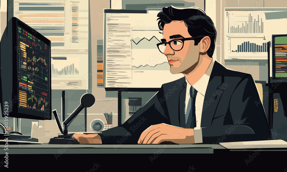 Aufkleber man in a suit is sitting at a desk in front of a computer monitor. he is wearing glasses and a tie