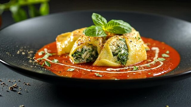 Delicious spinach and ricotta stuffed pasta shells in rich tomato sauce, garnished with fresh basil