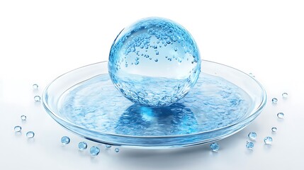 Transparent sphere on a clear dish,  water, studio shot. Possible use Stock photo