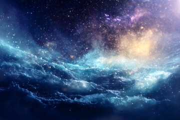 Galactic ocean glimmers with celestial patterns and radiant stardust illuminating the universe. Galactic Ocean Glow. Illustration.
