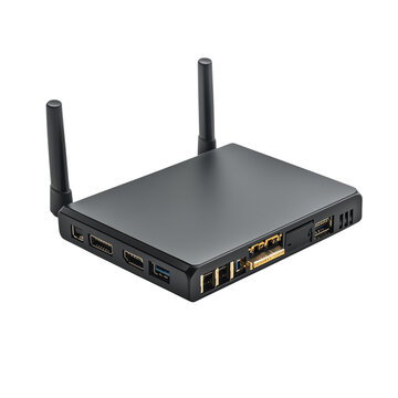 Giada DK37 micro PC connected to a high-definition digital display on transparent png background. Ai generated