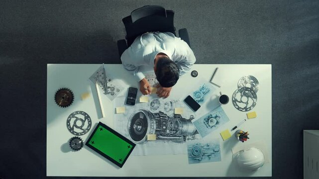 Top down view of skilled engineer writing and planning turbine engine design while sitting at meeting table with gear and electronic generator scatter around. Technician taking a note. Alimentation.