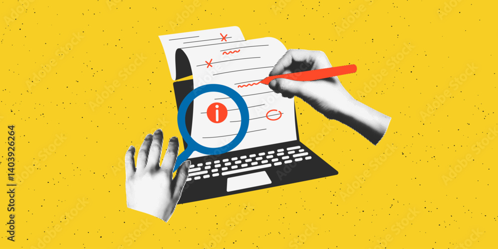 Fototapete document review halftone collage banner template. cutout hands making grammar, spelling check, searc