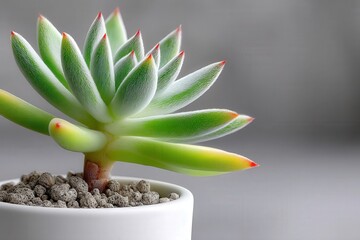 Potted succulent plant with vibrant green leaves and red-tipped edges in a minimalist setting