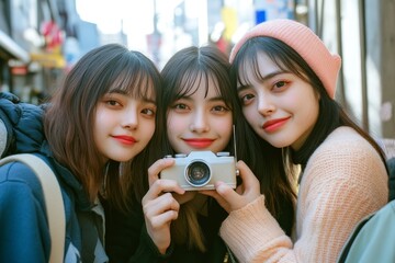 Group of friends taking picture with instant camera, Generative AI
