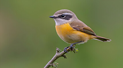 Fototapeta premium Small Perching Bird with Brown Yellow and Grey Feathers on Green Branch