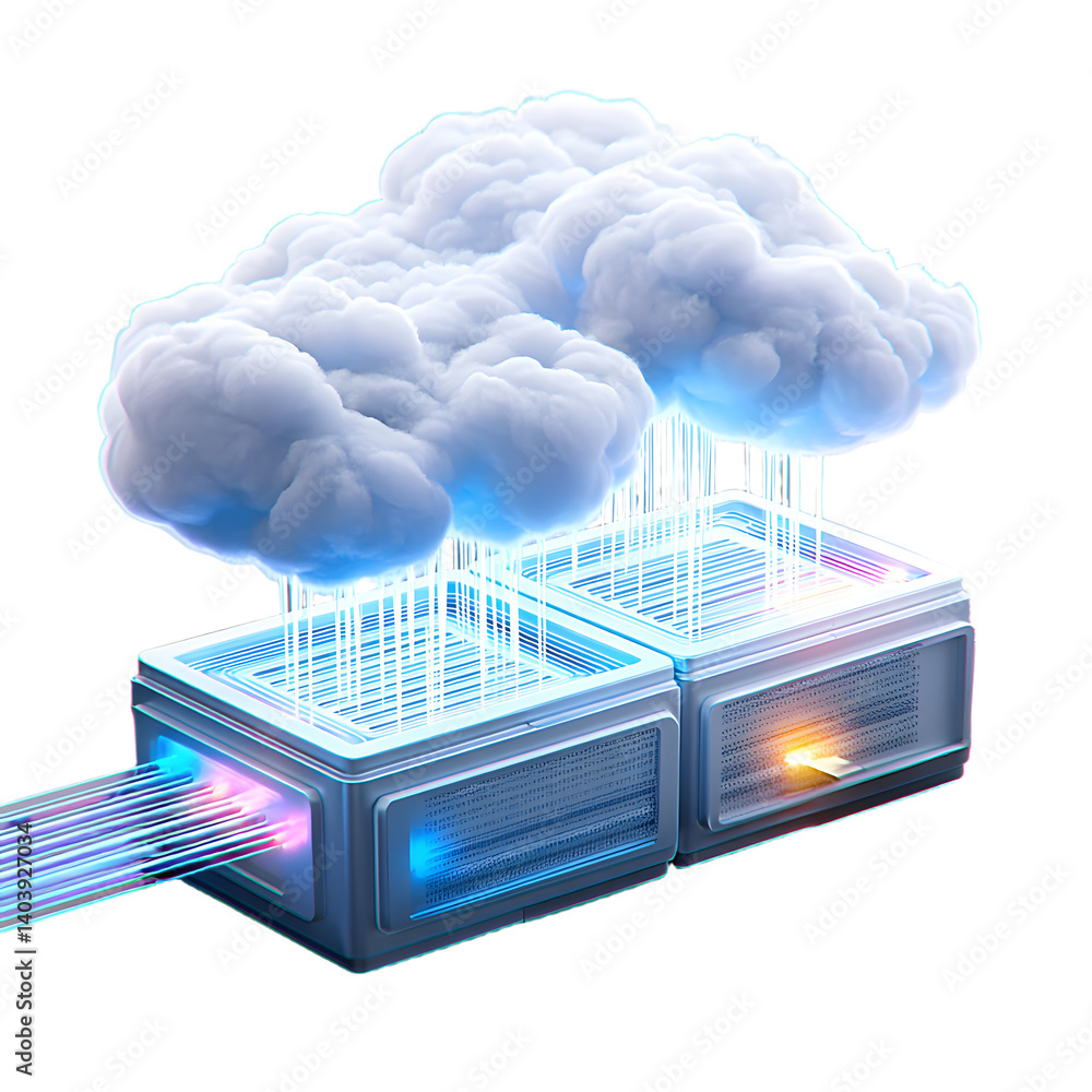 Poster cloud computing: a futuristic 3d rendering of a cloud server, symbolizing the seamless integration o