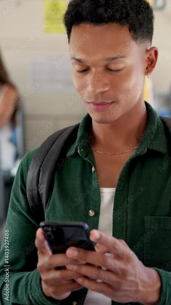 Poster phone, student and travel with man on bus for public transportation to college destination. app, soc