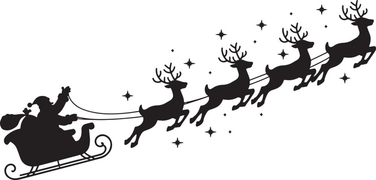 Santa Claus ride sleigh with flying reindeer vector illustration isolated On Transparent Background