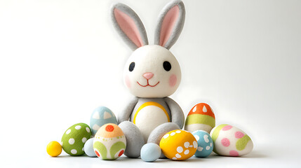 Fototapeta premium Easter Bunny Cute with Eggs Basket on white Background Flowers