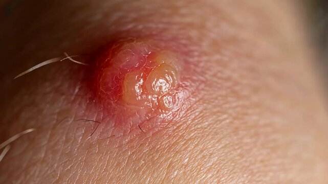 Close up of a boil or abscess on skin, showing inflammation and possible infection, with hair follicles visible.
