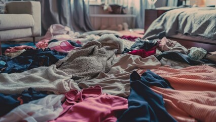 Chaotic bedroom scene with colorful clothes scattered across the floor and cozy furniture by the window