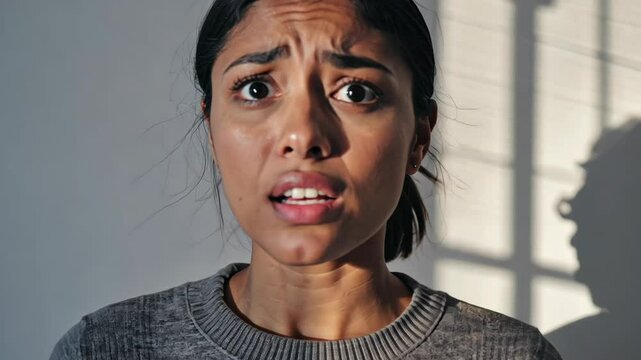 Close-up portrait of a young woman expressing worry or shock, indoors, illuminated by natural light casting shadows on the wall behind her.