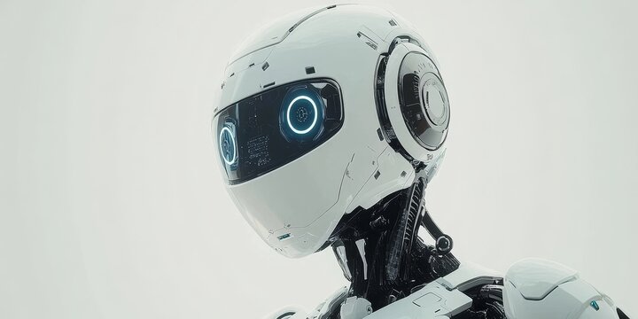 White Ai robot working and looking on monitor screen computer lab, high-tech artificial intelligence robot concept, Generative AI