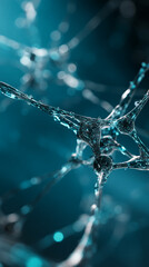 Close-up of teal liquid interconnected nodes, forming a complex network structure. Represents connection, communication, or neural pathways, ideal for science or technology concepts