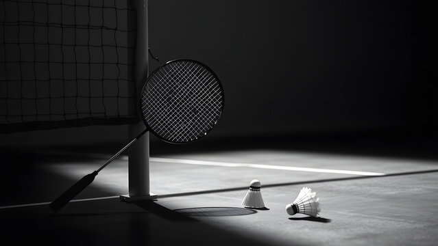 A dramatic black and white photo of a badminton racket leaning against a net post, with a shuttlecock lying on the court floor