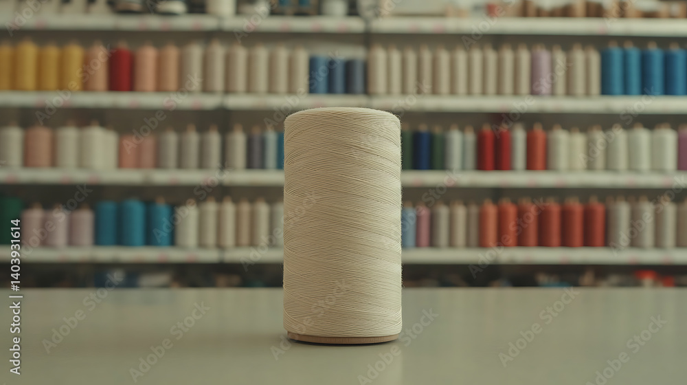Poster Thread cone centered on table in front of colorful thread shelf.  Craft, sewing, design, and tailoring concepts. Studio shot.