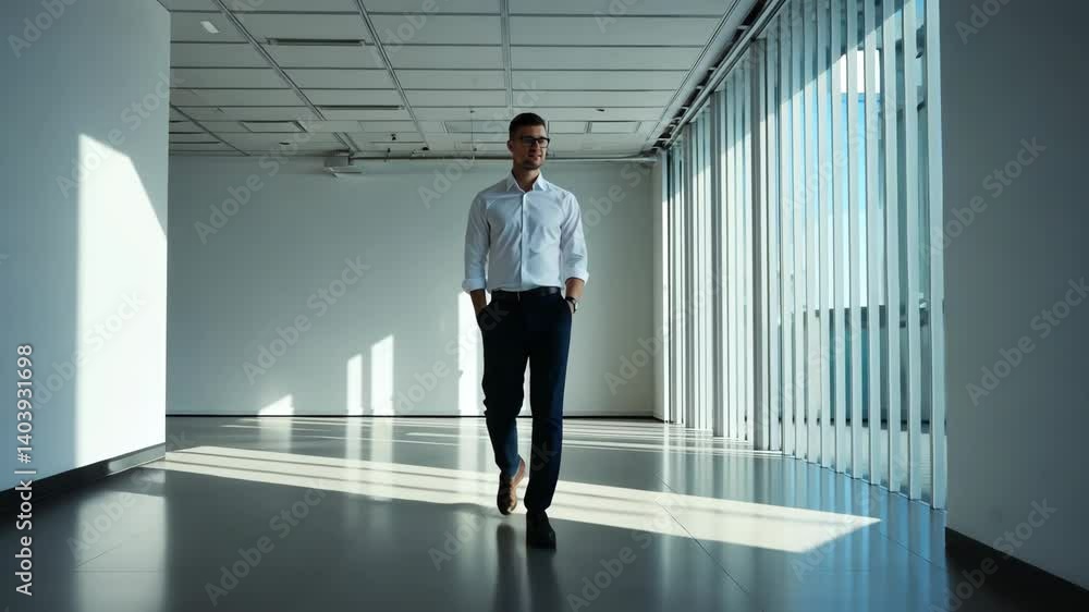Poster confident businessman walks through empty office bathed in sunlight from window blinds creating geom