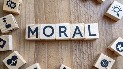Wooden blocks forming the word “MORAL” surrounded by ethical and justice icons on a wooden background. Perfect for themes about ethics, values, honesty, integrity, and moral principles in life or busi