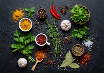 Top-down view of vibrant green herbs, colorful spices, and dark peppercorns arranged on a textured dark surface