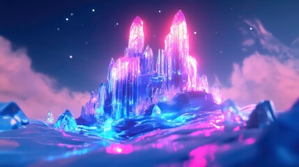 Fototapeta premium Glowing crystal castle on a surreal landscape at night.