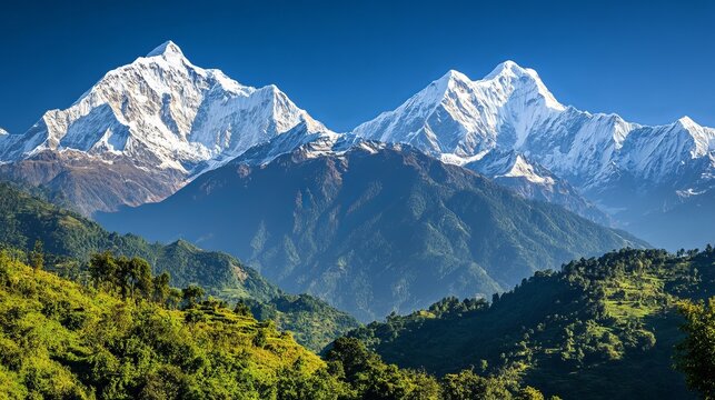 Majestic himalayan mountain range scenic view stunning snow capped peaks sky blue hill rock green - Powered by Adobe
