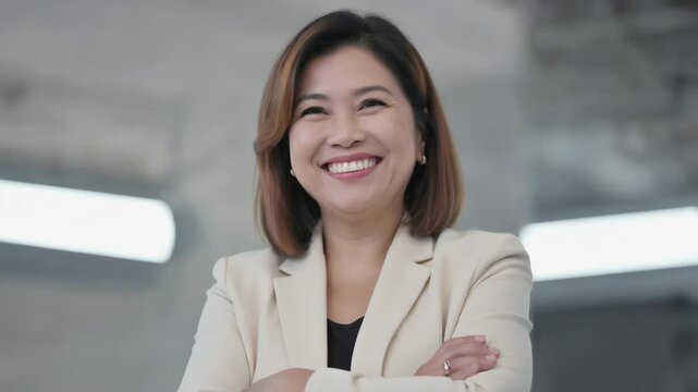 A happy woman with her arms crossed and a warm smile, suitable for various social media posts or online publications.