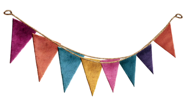 Bright colorful bunting garland. Party flags on rope. Textured fabric. Birthday celebration, wedding anniversary. Holiday Festa Junina decor. Isolated overlay object, banner on background