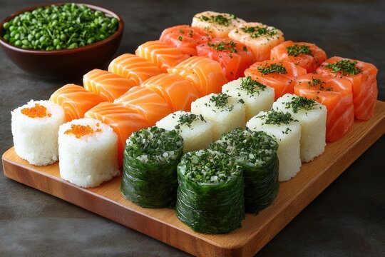 Assorted Sushi Rolls with Salmon, Rice, and Seaweed on Wooden Board