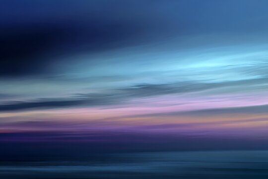 Rothko brush strokes create a serene and peaceful indigo horizon at dusk, where the sky transitions from soft blues to deep indigo and purples. Indigo Horizon. Illustration.